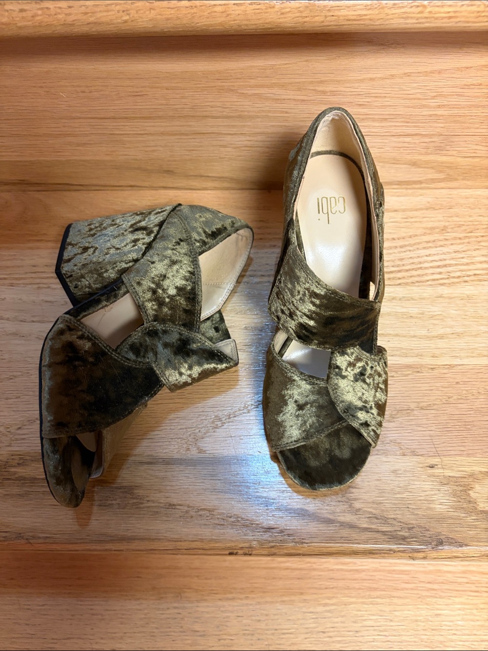 CAbi Olive Green Velvet Crisscross Block Heel Sandals